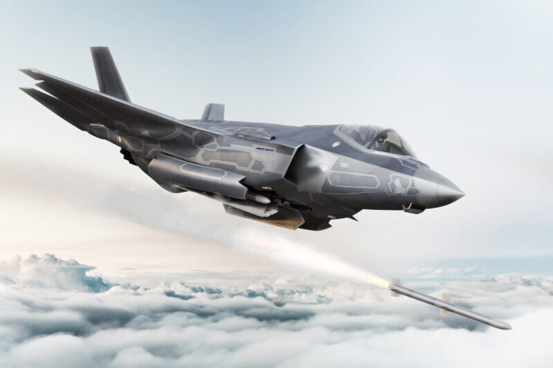 F35 advanced military aircraft locking on target and firing Missile’s . 3d rendering F-35